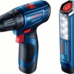 BOSCH Professional Vŕtačka AKU GSR 120-LI, svietidlo GLI 12V-300, kufor 0.601.9G8.002 (2× 2 Ah)